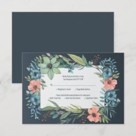 Whimsical Floral Salmon Blue Green Wedding RSVP Karte