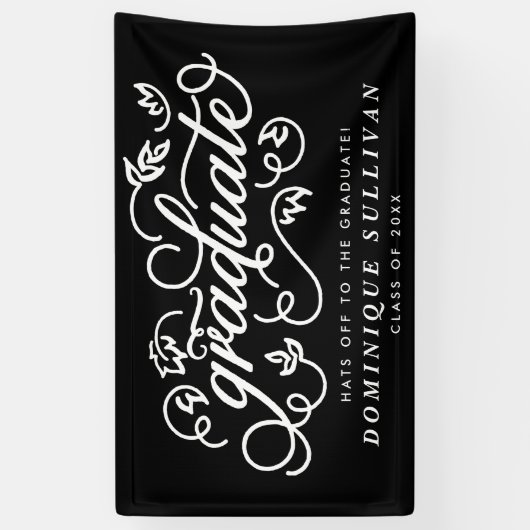 Whimsical Floral Script Black & White Abschluss Banner (Vertikal)