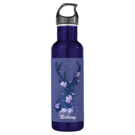 Whimsical Floral Stag Lila Paint Spritzer Edelstahlflasche (Vorderseite)