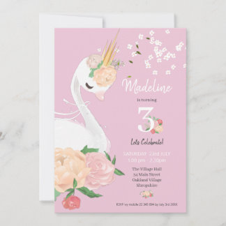Whimsical Floral Swan Girls Geburtstag Einladung