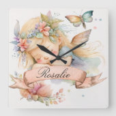 Whimsical Floral Sweet Dreams Schlafmädchen Quadratische Wanduhr (Vorderseite)