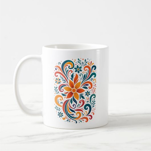 Whimsical Floral Swirl Mug - Orange Accent Handle Kaffeetasse (Links)
