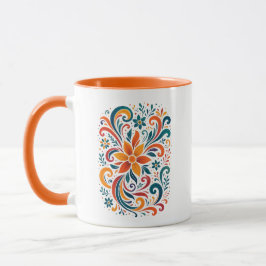 Whimsical Floral Swirl Mug - Orange  Accent Handle Tasse