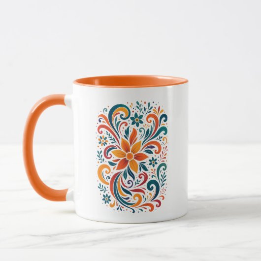 Whimsical Floral Swirl Mug - Orange Accent Handle Tasse (Links)