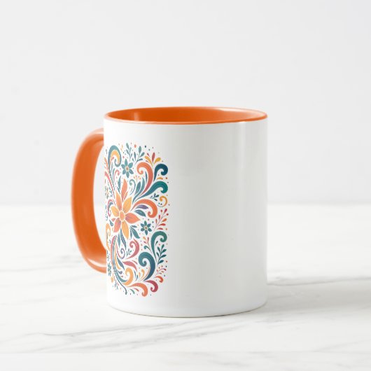 Whimsical Floral Swirl Mug - Orange Accent Handle Tasse (Vorderseite Links)