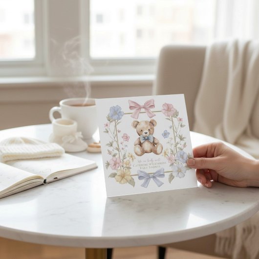 Whimsical Floral Teddy Bear Baby Shower QR code Einladung