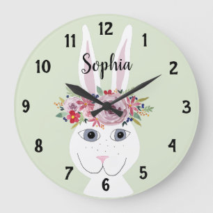 Whimsical Floral Watercolor Kaninchen und Name Große Wanduhr