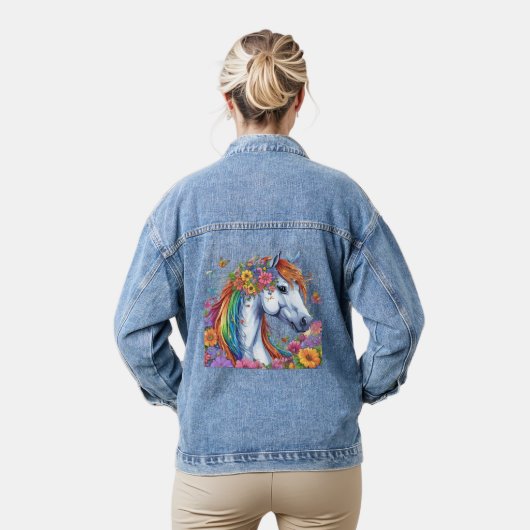 Whimsical Floral White Horse Hübsch farbenfroh Jeansjacke (Modell)