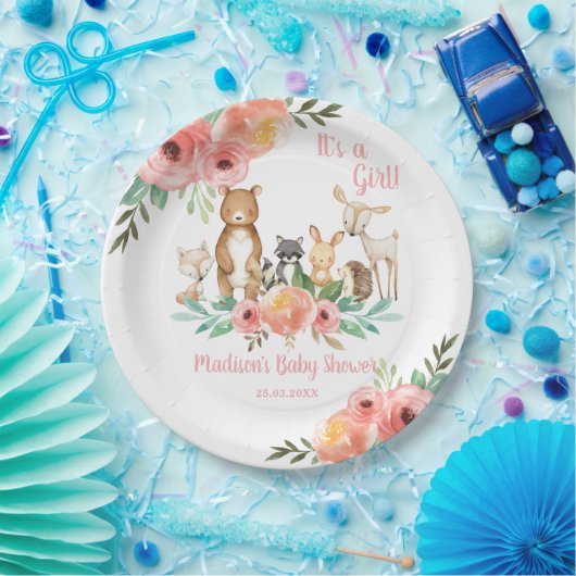 Whimsical Floral Woodland Animals Baby Shower Girl Pappteller (Party)