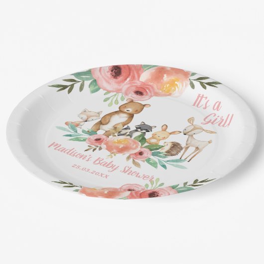 Whimsical Floral Woodland Animals Baby Shower Girl Pappteller (Schrägansicht)