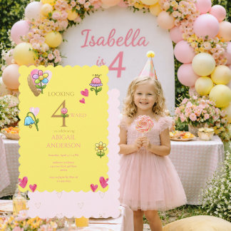 Whimsical Floral Yellow 4th  Birthday Party  Einladung