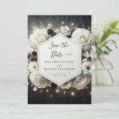 Whimsical Florals White Roses Wedding Save The Date (Stehend Vorderseite)