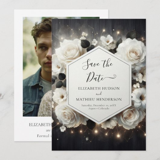 Whimsical Florals White Roses Wedding Save The Date (Vorne/Hinten)