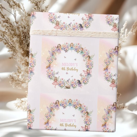 Whimsical Flower Fairy Garten 4. Geburtstag Geschenkpapier