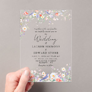 Whimsical Flowers & Blue Birds Aquarell-Hochzeit Acryleinladungen