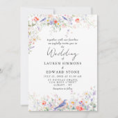 Whimsical Flowers & Blue Birds Watercolor Wedding Einladung (Vorderseite)