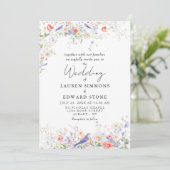 Whimsical Flowers & Blue Birds Watercolor Wedding Einladung (Stehend Vorderseite)