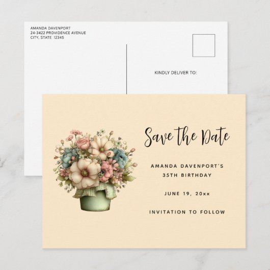 Whimsical Flowers in a Planter Pot Cute Ankündigungspostkarte (Vorne/Hinten)