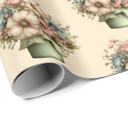 Whimsical Flowers in a Planter Pot Cute Pattern Geschenkpapier (Rolleneckpunkt)