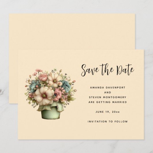 Whimsical Flowers in a Planter Pot Save The Date (Vorne/Hinten)