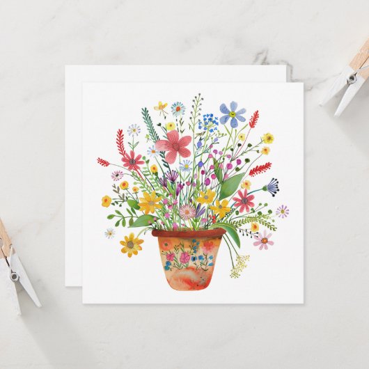 Whimsical Flowers in Pot Cheer Thinking of You Karte (Vorderseite/Rückseite Beispiel)