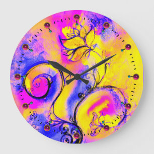 WHIMSICAL FLOWERS  pink yellow  blue Große Wanduhr