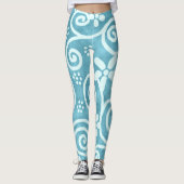 Whimsical Flowers & Swirls Blue White Pattern  Leggings (Vorderseite)