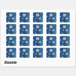 Whimsical Flowers with Blue Background Quadratischer Aufkleber