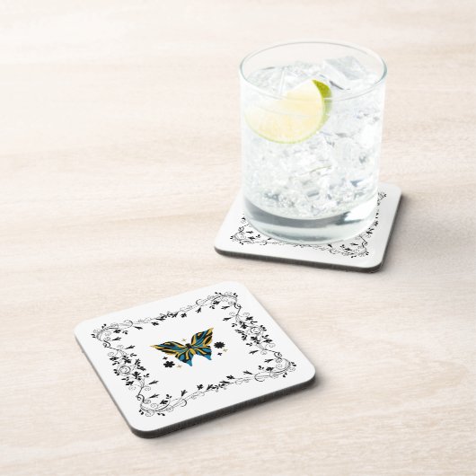 Whimsical Fluttering – Blue Butterfly Floral Art Getränkeuntersetzer (Rechte Seite)