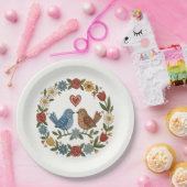 Whimsical Folk Art Birds & Floral Wreath Wedding Pappteller (Party)