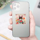 Whimsical Folk Art Black Cat und Blume Aufkleber (Telefon)