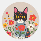 Whimsical Folk Art Black Cat und Blume Runder Aufkleber (Vorderseite)