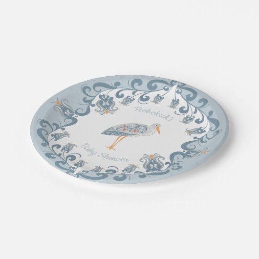 Whimsical Folk Art Blue | Baby Shower Paper Plate Pappteller (Schrägansicht)