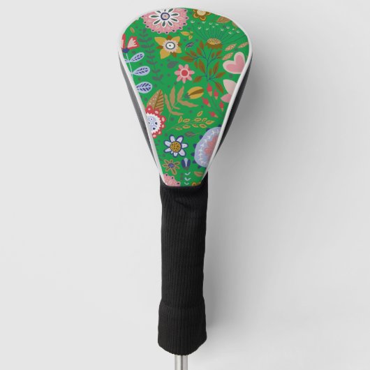 Whimsical Folk Art Blume auf Green Golf Headcover (Vorderseite)