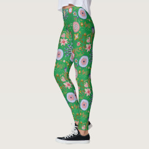 Whimsical Folk Art Blume auf Green Leggings
