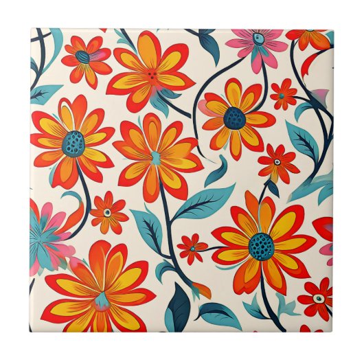 Whimsical Folk Art Blume Fliese (Vorderseite)