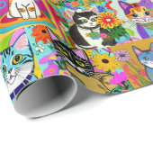 Whimsical Folk Art Cartoon Cats Geschenkpapier (Rolleneckpunkt)
