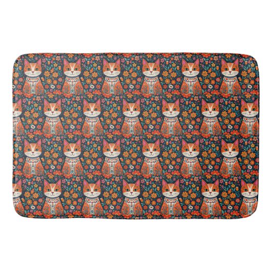 Whimsical Folk Art Cat und Blume Badematte (Vorderseite)