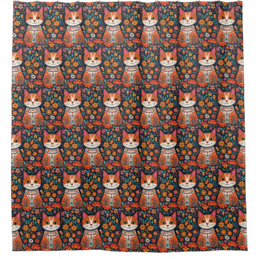 Whimsical Folk Art Cat und Blume Duschvorhang (Vorderseite)