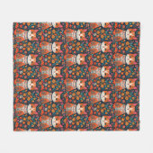 Whimsical Folk Art Cat und Blume Fleecedecke (Vorderseite (Horizontal))