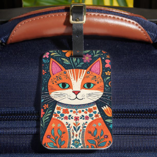 Whimsical Folk Art Cat und Blume Gepäckanhänger