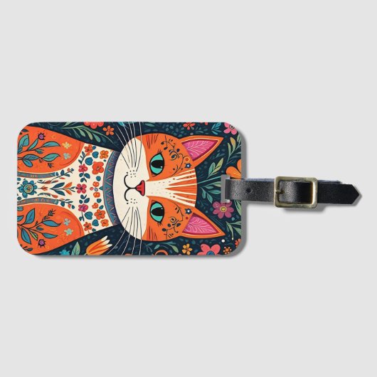 Whimsical Folk Art Cat und Blume Gepäckanhänger (Vorderseite (Horizontal))