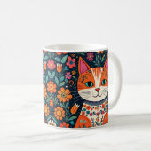 Whimsical Folk Art Cat und Blume Kaffeetasse (VorderseiteRechts)