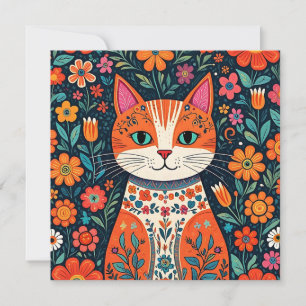 Whimsical Folk Art Cat und Blume Karte