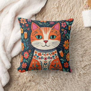 Whimsical Folk Art Cat und Blume Kissen