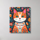 Whimsical Folk Art Cat und Blume Leinwanddruck (Vorderseite)