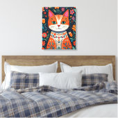 Whimsical Folk Art Cat und Blume Leinwanddruck (Insitu (Schlafzimmer))