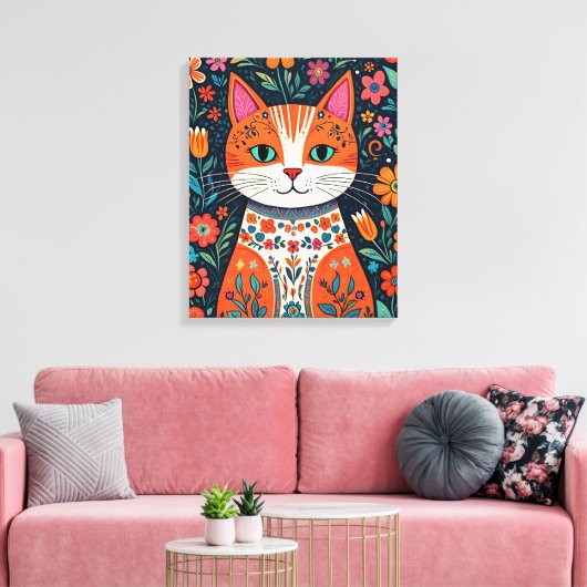 Whimsical Folk Art Cat und Blume Leinwanddruck (Insitu (Wohnzimmer))