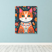 Whimsical Folk Art Cat und Blume Leinwanddruck (Insitu (Holzboden))