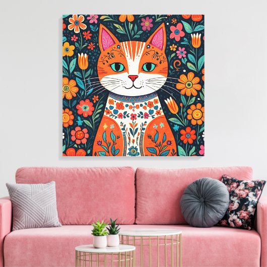 Whimsical Folk Art Cat und Blume Leinwanddruck (Insitu (Wohnzimmer))